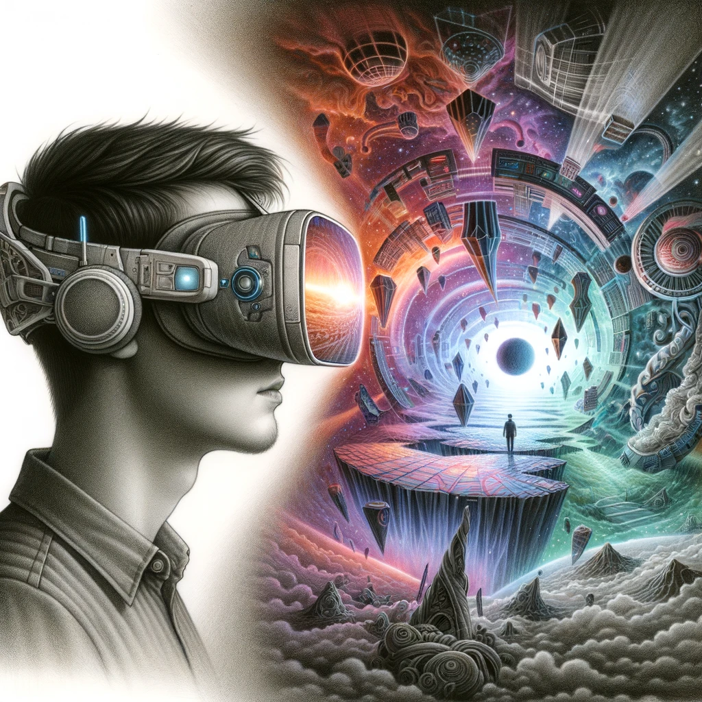 dallc2b7e 2024 03 06 13.42.21 a detailed drawing that features a person wearing a virtual reality mask which acts as a portal to an altered universe. the focus is on the individua